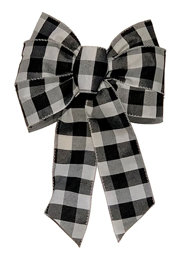 Holiday Trims White and Black 14 inch Plaid Bow